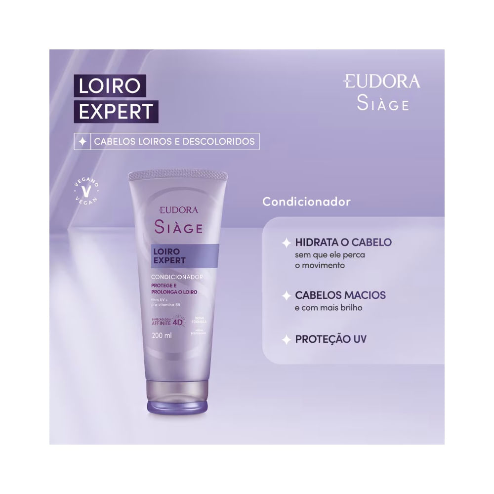 Embalagem lilás do Condicionador Siàge Loiro Expert Desamarelador destacando benefícios como hidratação e proteção UV